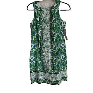 NWT LONDON TIMES Sleeveless Shift Dress Green Blue Ornate Medallion Print Size 4